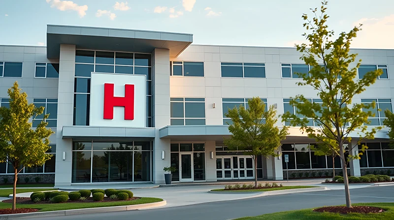 Exterior view of a modern hospital building with a large red H sign and green trees out front.